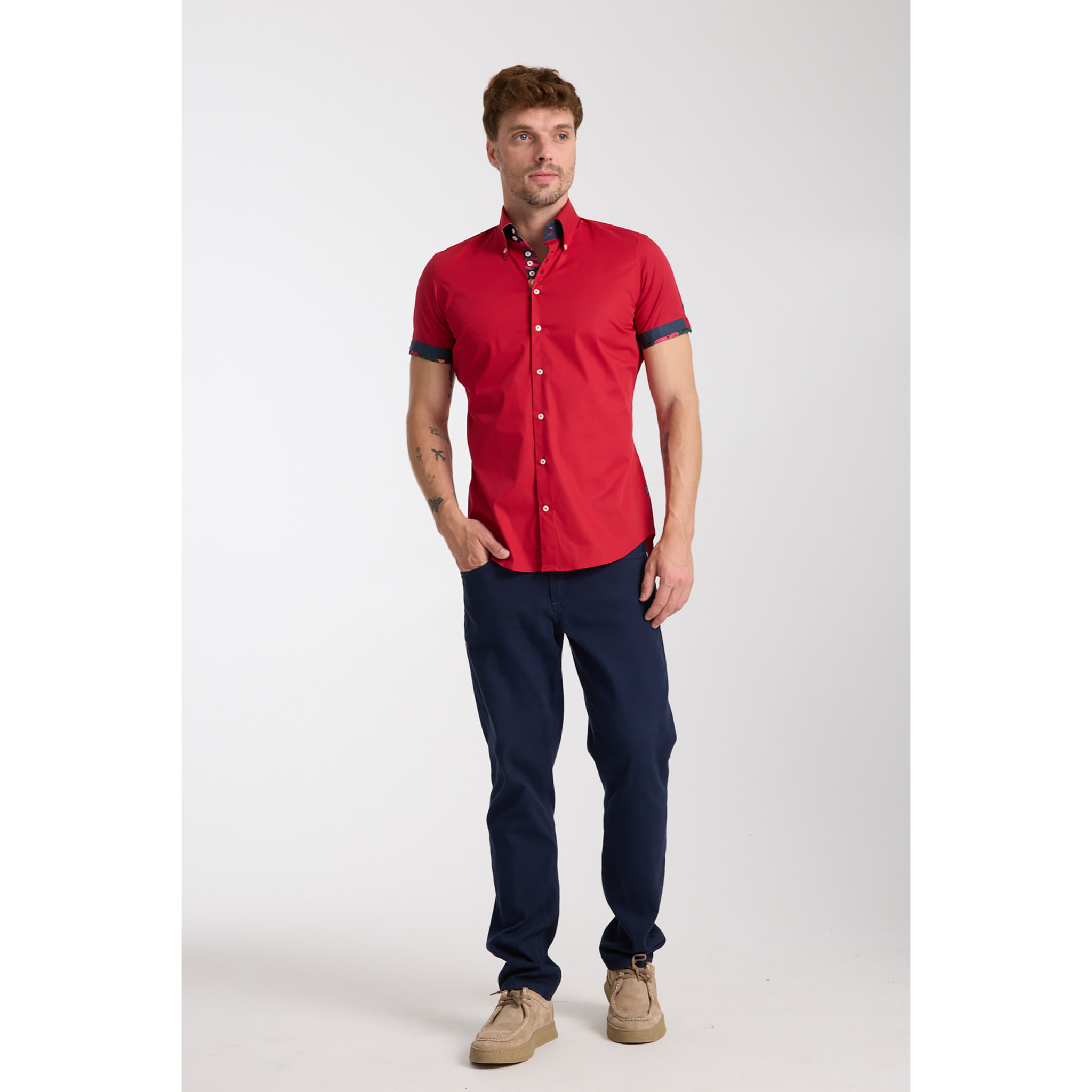 Camicia Uomo Manica Corta 2 Bottoni Button Down 7 Botto Popeline Stretch Unito Rosso