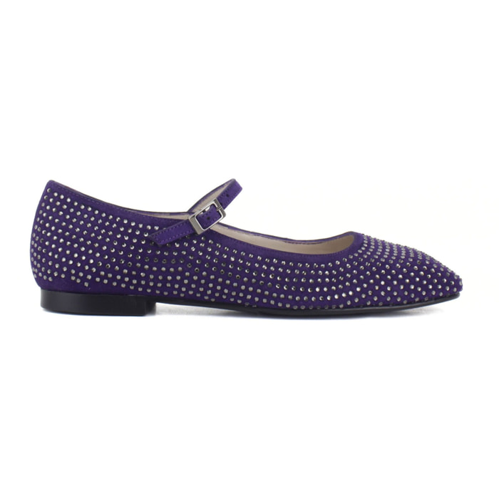 Bailarina de ante color violeta con strass. Tacón 2 cm