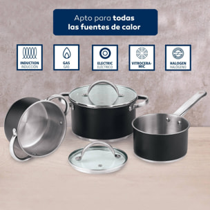 Juego de 3 sartenes san ignacio ø16ø20ø24cm + batería de cocina 5pzs en acero