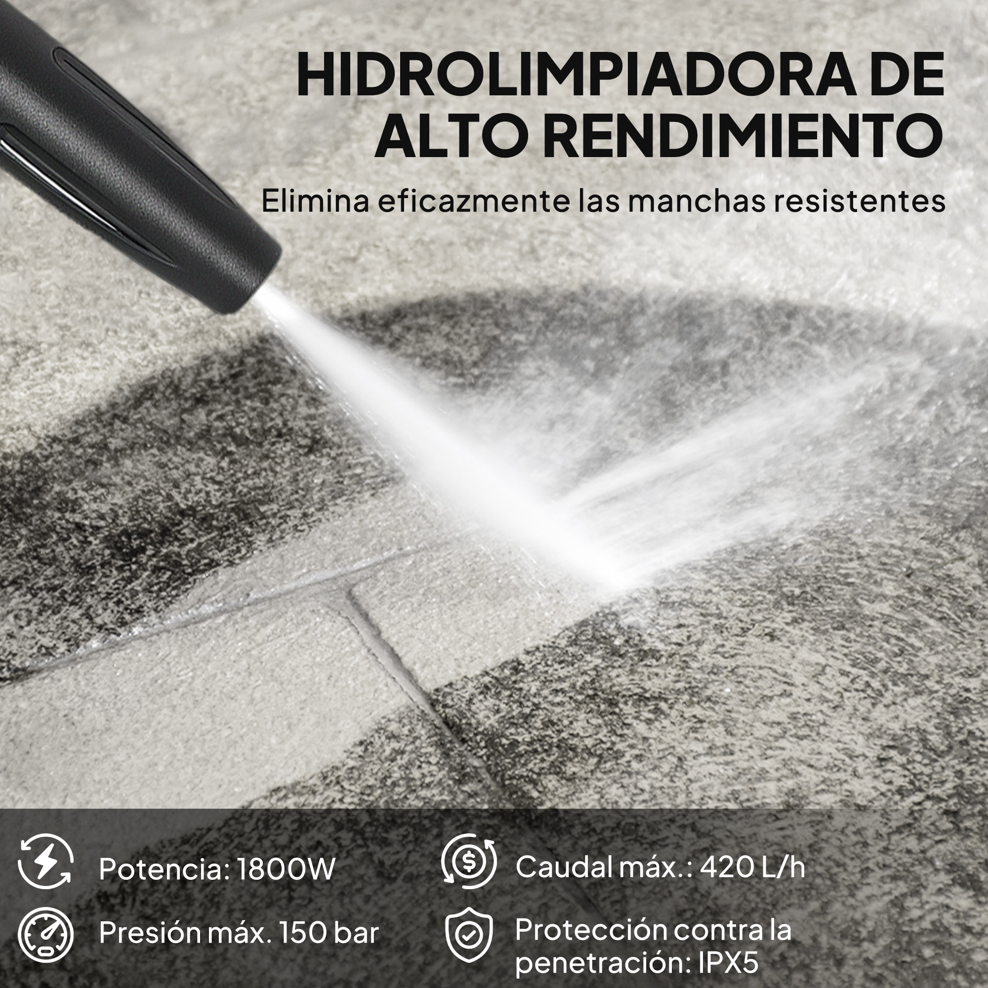 Hidrolimpiadora de Alta Presión 1800W, Presión 150 Bar, Caudal 420 L/h, con Bomba de Aluminio, Parada Automática, Manguera de 6 m, Incluye Botella de Espuma y Boquilla Ajustable, Rojo y Negro