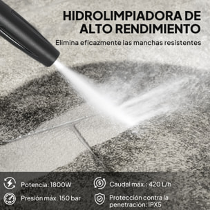 Hidrolimpiadora de Alta Presión 1800W, Presión 150 Bar, Caudal 420 L/h, con Bomba de Aluminio, Parada Automática, Manguera de 6 m, Incluye Botella de Espuma y Boquilla Ajustable, Rojo y Negro