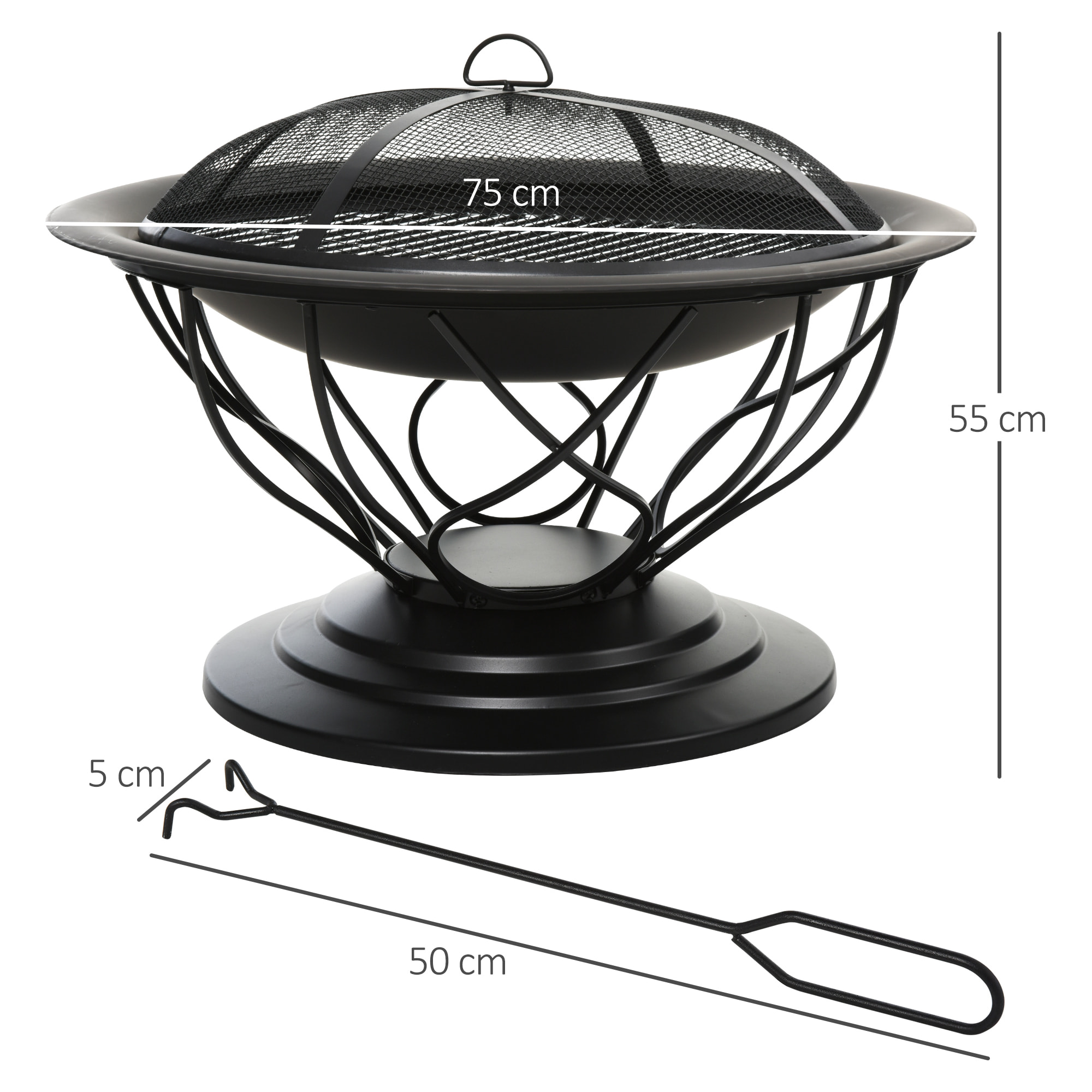Brasero boule de feu cheminée foyer extérieur Ø 75 x 55H cm grille à charbon + cuisson couvercle tisonnier métal noir