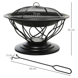 Brasero boule de feu cheminée foyer extérieur Ø 75 x 55H cm grille à charbon + cuisson couvercle tisonnier métal noir