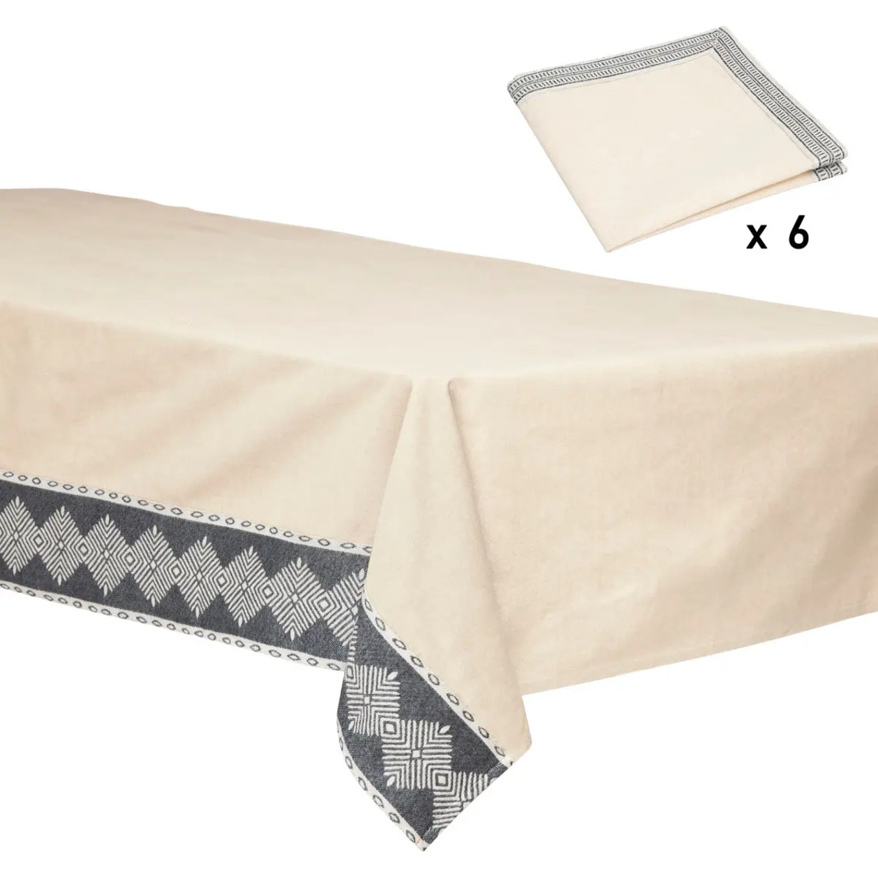 Ensemble nappe et 6 serviettes Inuit coton blanc ivoire 250x150cm