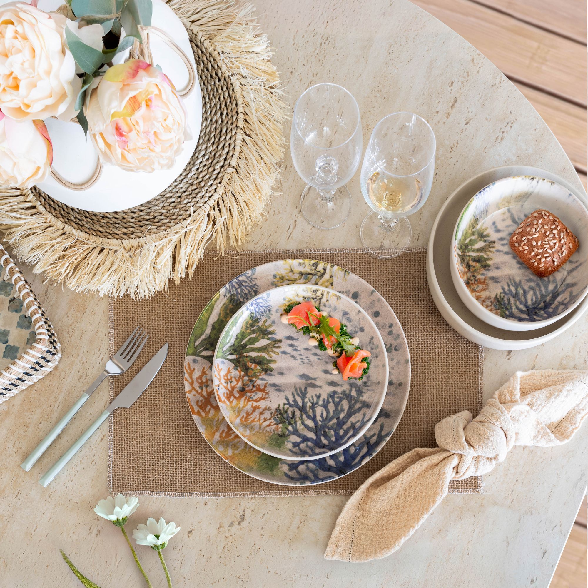 Lot de 6 assiettes à dessert motif aquatique en grès 20cm CORFOU