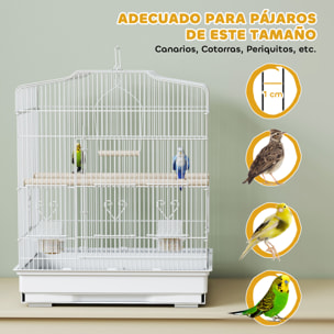 Jaula para Pájaros, Jaula de Acero para Pájaros con Puertas, 2 Comederos, 2 Perchas, Columpio, Bandeja Extraíble y Asa de Transporte, para Loro, Canario, Periquito, 46,5x36x59 cm, Blanco