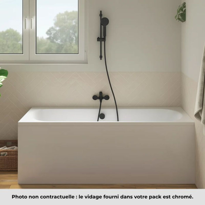 Pack baignoire droite 170 x 75 Elise + tablier niche + pommeau et mitigeur bain noir mat Aimé + vidage