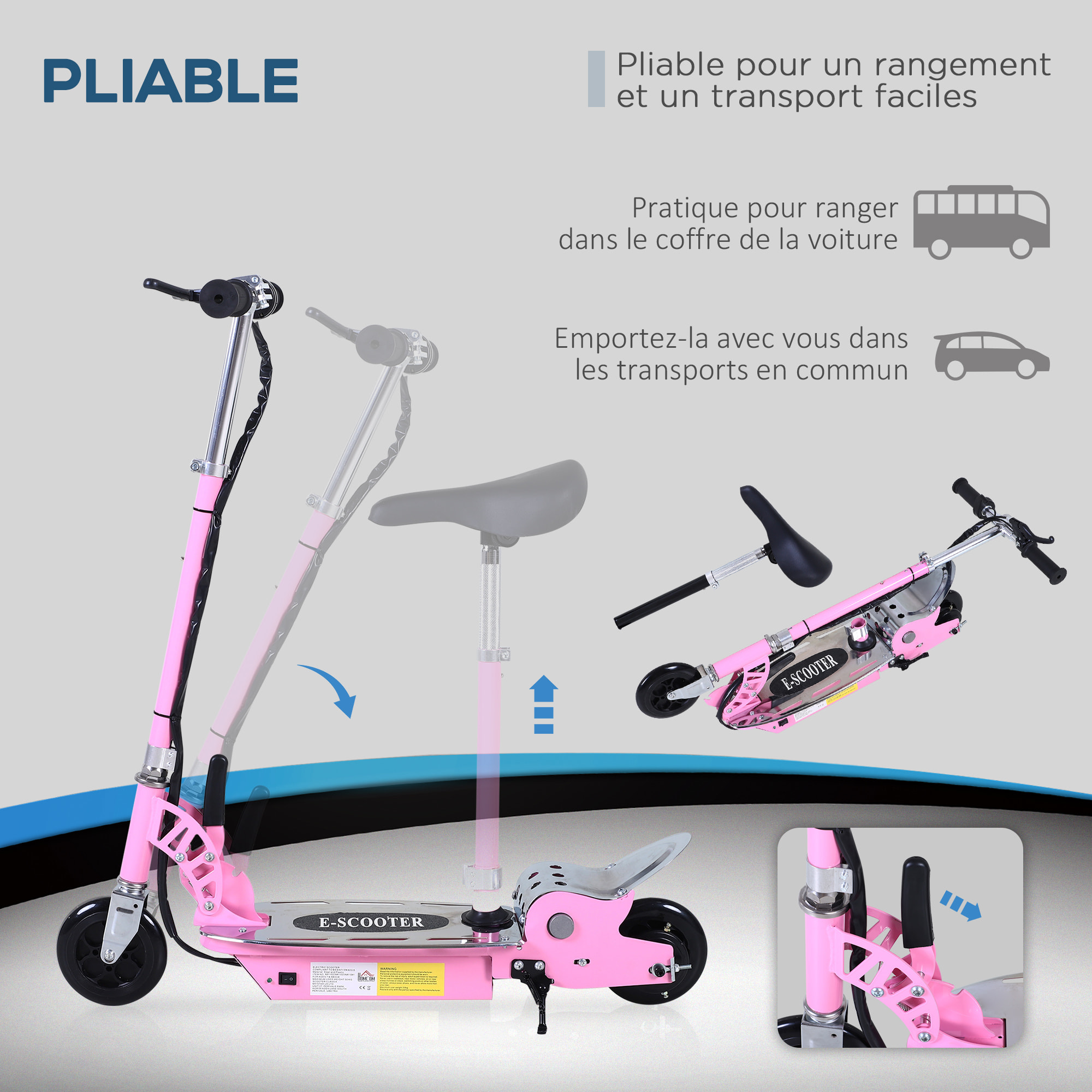 Trottinette électrique 120 W pliable pour enfant de 7 à 12 ans hauteur guidon et selle réglable 10 Km/h max. rose