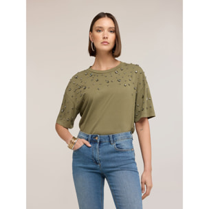 Motivi - T-shirt con applicazioni gioiello di pietre - Verde militare