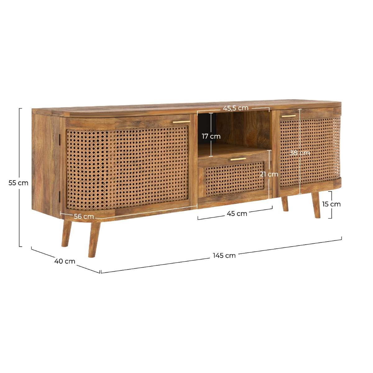 Meuble TV en bois de manguier et cannage 145 cm - Wava