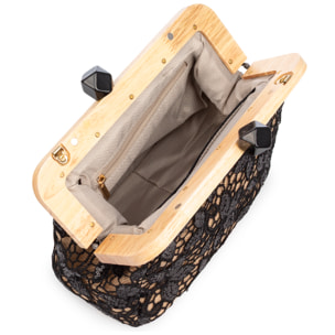 Borbera Borsa a tracolla Donna. Realizzata in legno naturale, cotone e juta con design a rete in tessuto floreale.