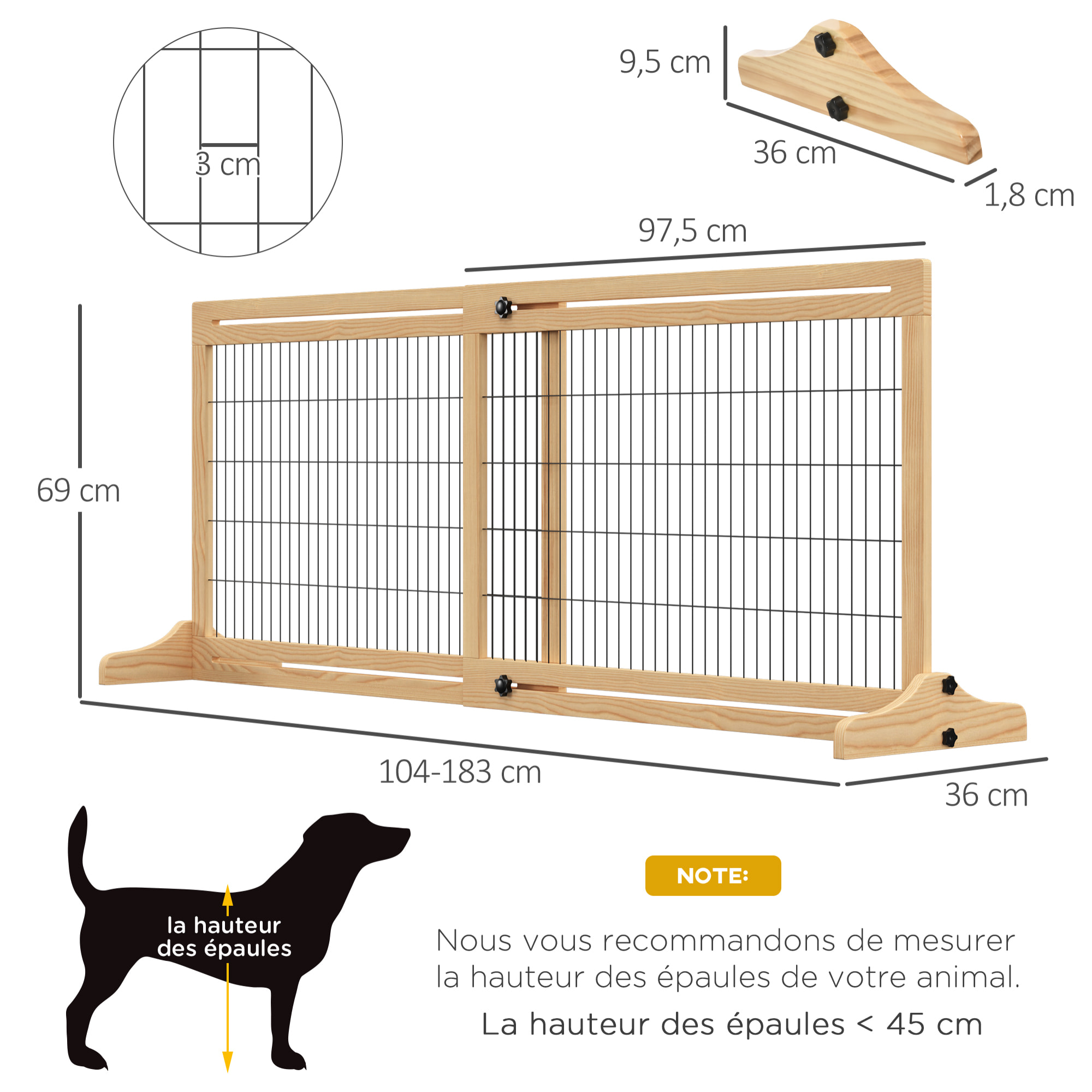 Barrière de sécurité chien barrière autoportante longueur réglable dim. 104-183L x 36l x 69H cm bois pin verni acier noir