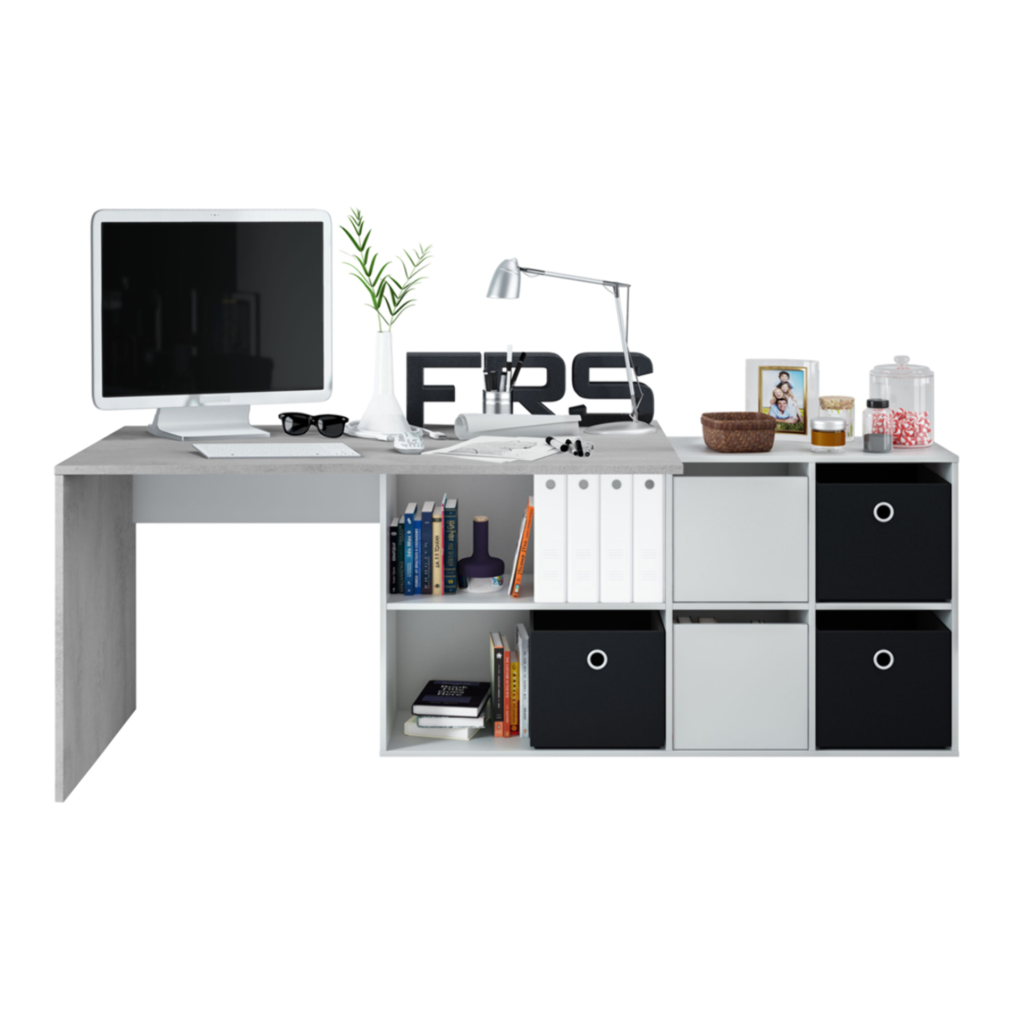 Mesa Escritorio Office 74x136x139 Cm Blanco Artik Y Cemento