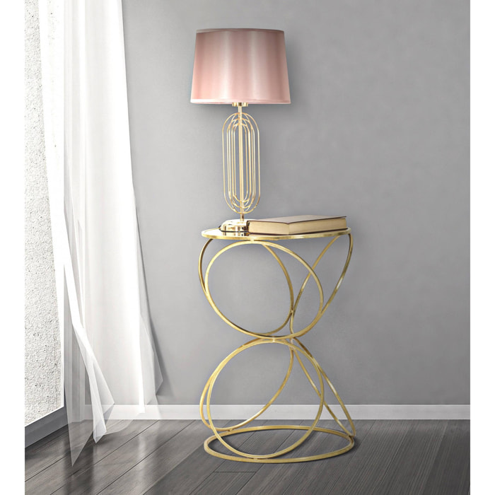 Tavolino elegante rotondo, in metallo dorato, con piano in vetro a specchio, colore oro, Misure 42 x 61 x 42 cm