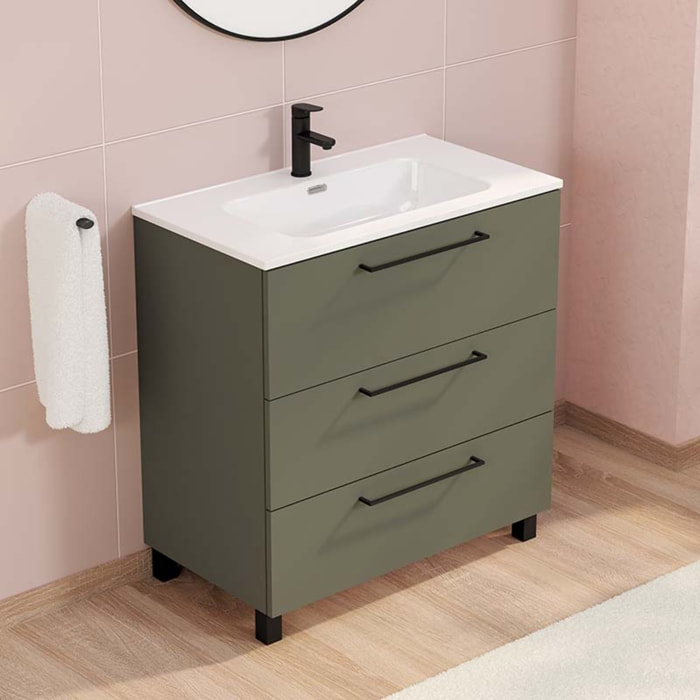 Conjunto de baño Haru | Mueble de baño con patas | 80 cm Verde Musgo| Tres cajones | Lavabo encastrado | No incluye espejo | Alday