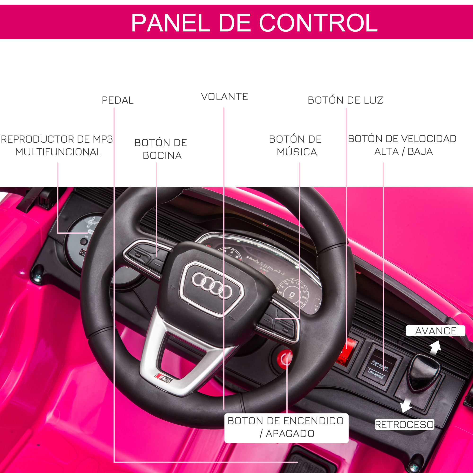 Coche Eléctrico para Niños +3 Años Audi RS Q8 con Batería 6V Mando y Luces Rosa