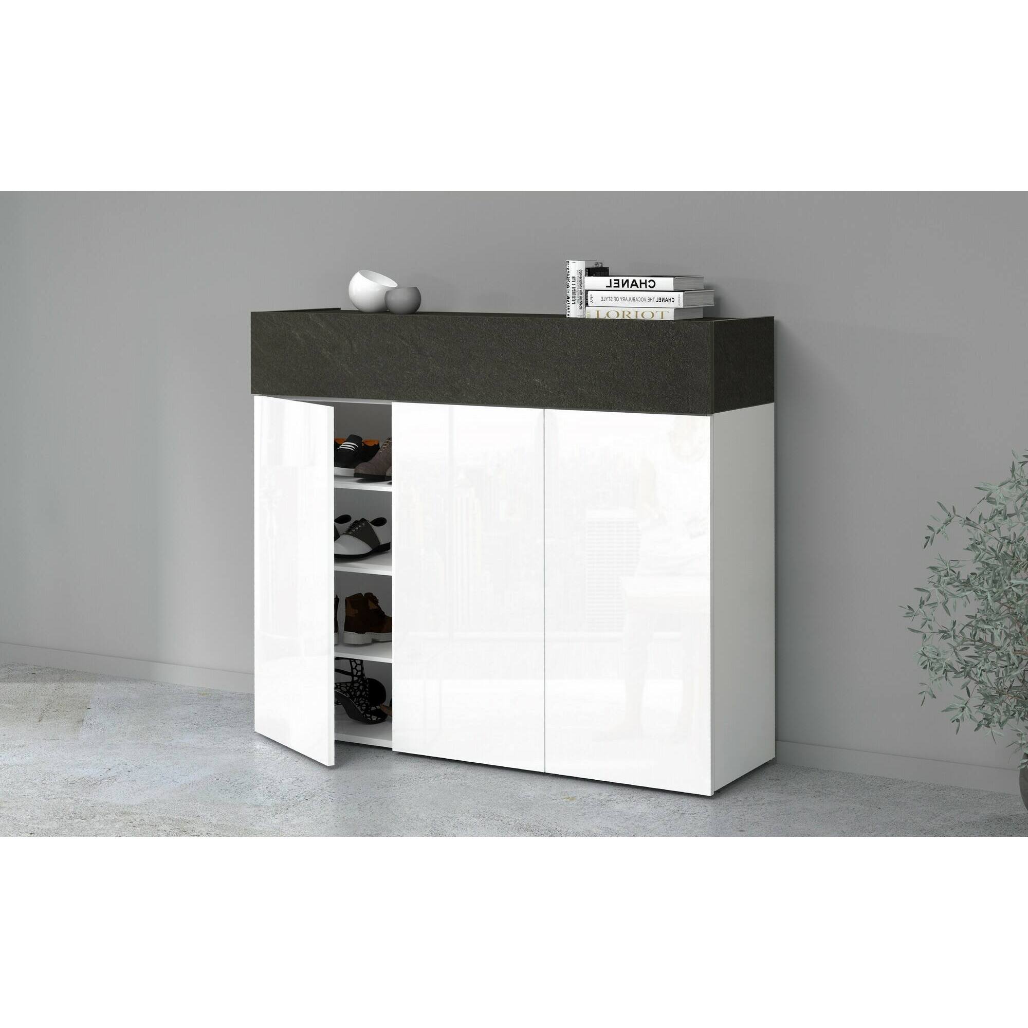 Scarpiera Griselda, Porta scarpe salvaspazio a 4 ante, Armadio multifunzione da ingresso, 114x38h100 cm, Bianco e Ardesia