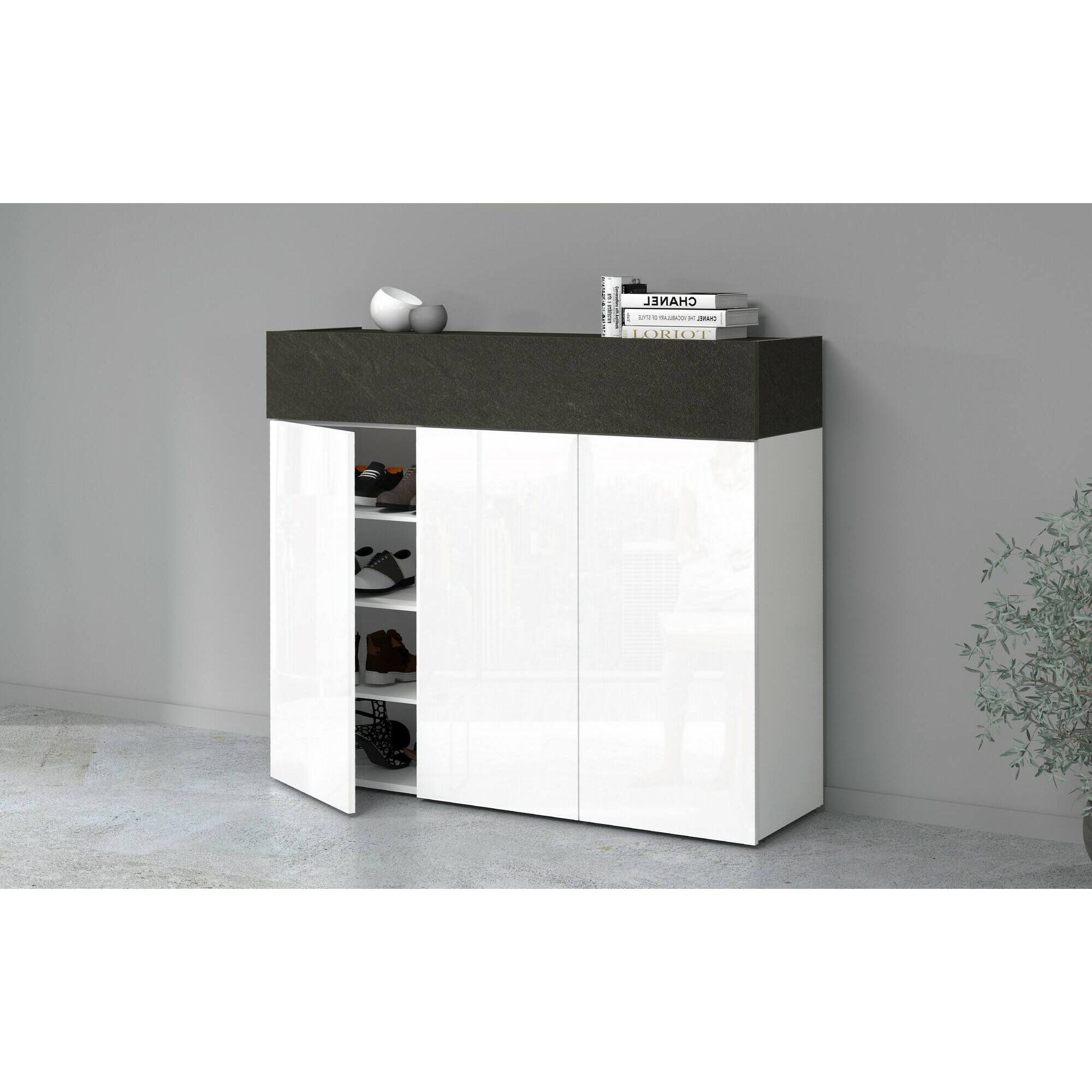 Scarpiera Dcanestrell, Porta scarpe salvaspazio a 4 ante, Armadio multifunzione da ingresso, 114x38h100 cm, Bianco e Ardesia