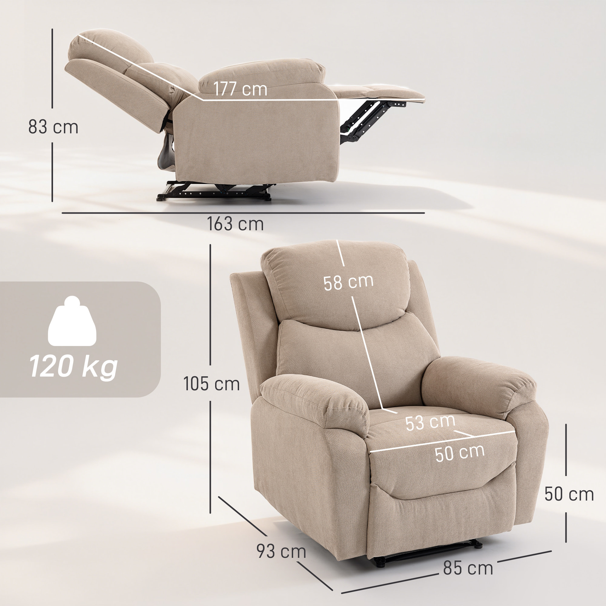 Sillón Relax Reclinable Manual, Sillón Relax Moderno, Tapizado en Tela Aspecto Lino, Reposapiés, Reposabrazos, Acolchado Grueso, Butaca Reclinable hasta 150°, Carga 120 kg, para Salón, Beige