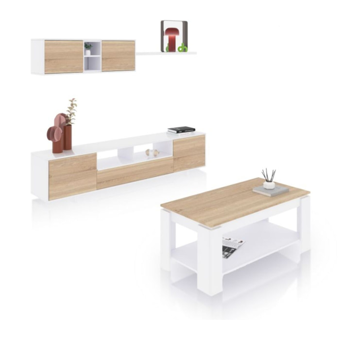 Pack salón con mesa de centro Kenzo Plus V1 Blanco Artik (Blanco Mate) - Roble Canadian