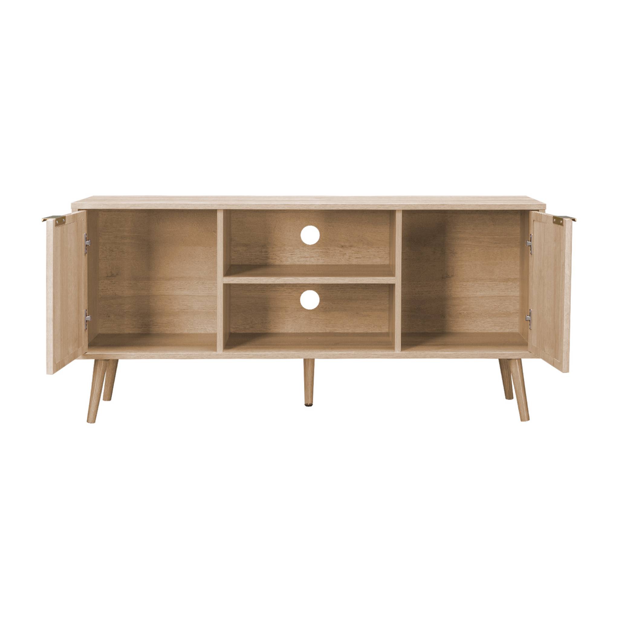 Meuble TV. Eva. décor bois et cannage arrondi 2 portes. 1 étagère L120 x l39 x H56.5cm