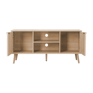Meuble TV. Eva. décor bois et cannage arrondi 2 portes. 1 étagère L120 x l39 x H56.5cm