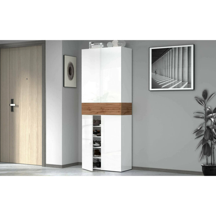 Scarpiera Asklol, Porta scarpe salvaspazio a 5 ante, Armadio multifunzione da ingresso, 76x38h200 cm, Bianco lucido e Rovere