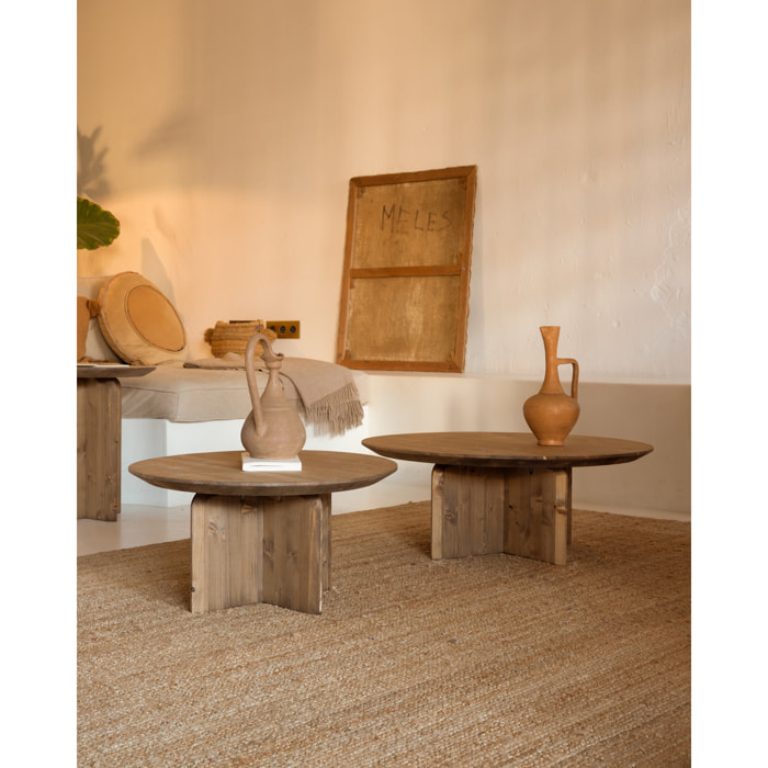 Table basse ronde en bois massif ton chêne foncé en différentes tailles