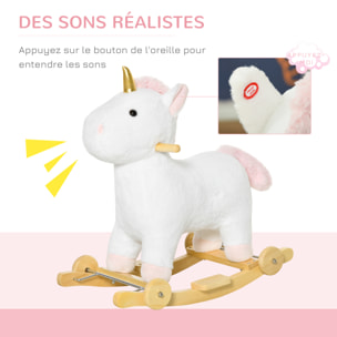 Cheval à bascule licorne porteur 2 en 1 - effet sonore - poignée structure bois de peuplier peluche douce blanche