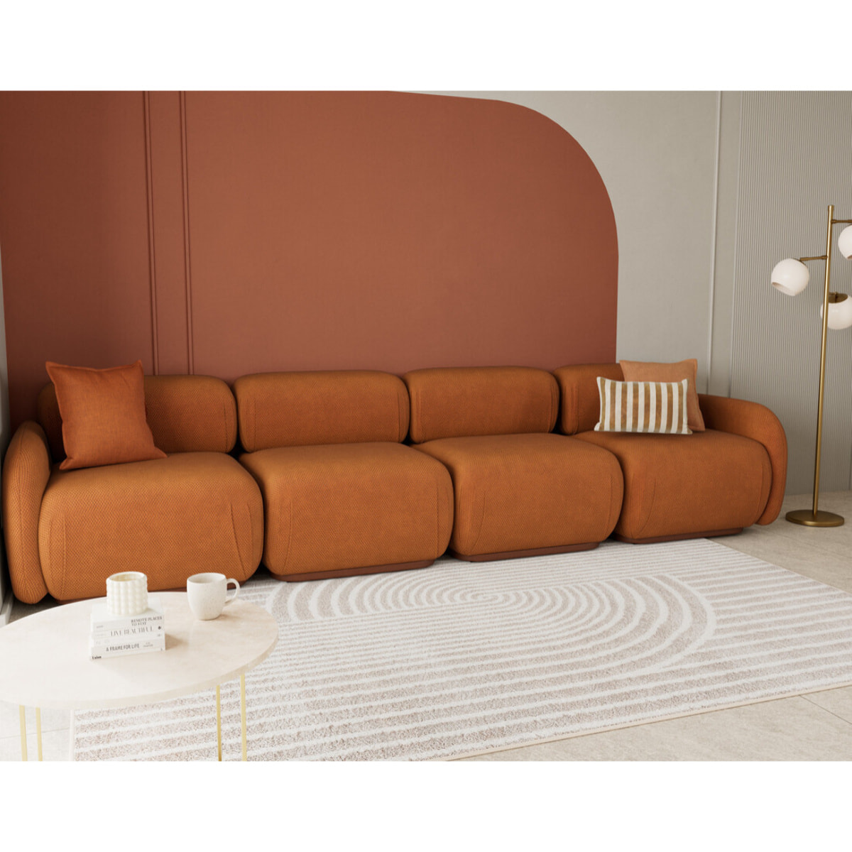 Penelope - canapé droit modulable 4 places en velours texturé - Terracotta