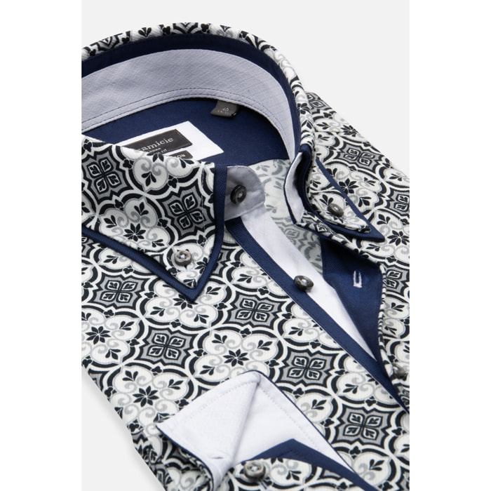 Camicia Uomo Botton Down Slim Twill Stampato Nero/Grigio Chiaro