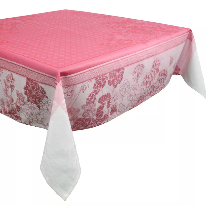 Nappe anti tache pur coton bio jacquard Geraniums rose