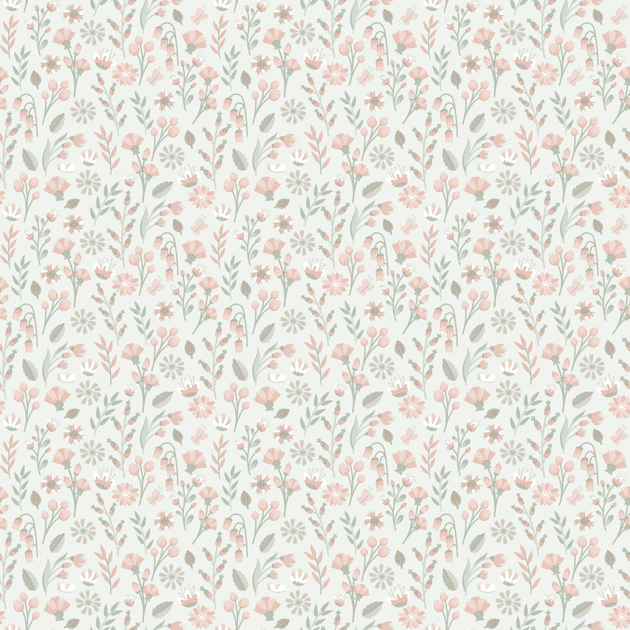 Papier peint floral champêtre rose poudré