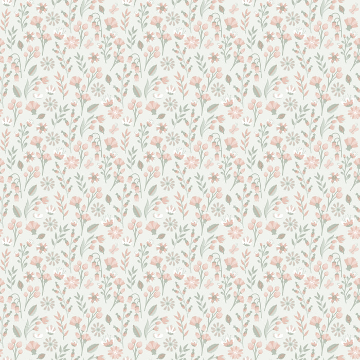 Papier peint floral champêtre rose poudré