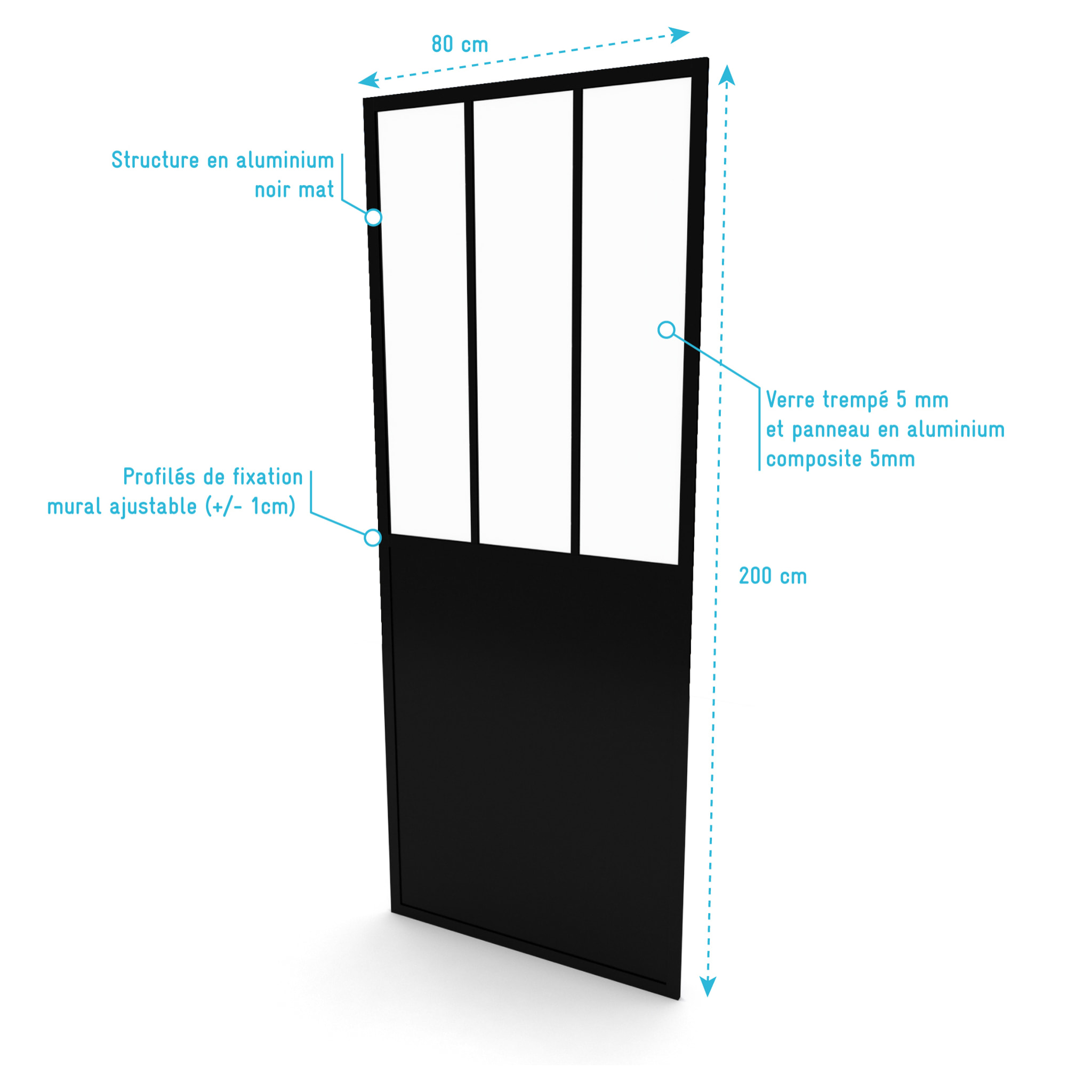 Paroi de retour type atelier 80x200cm - PAROI DE RETOUR - PROFILE NOIR MAT - verre transparent 5mm