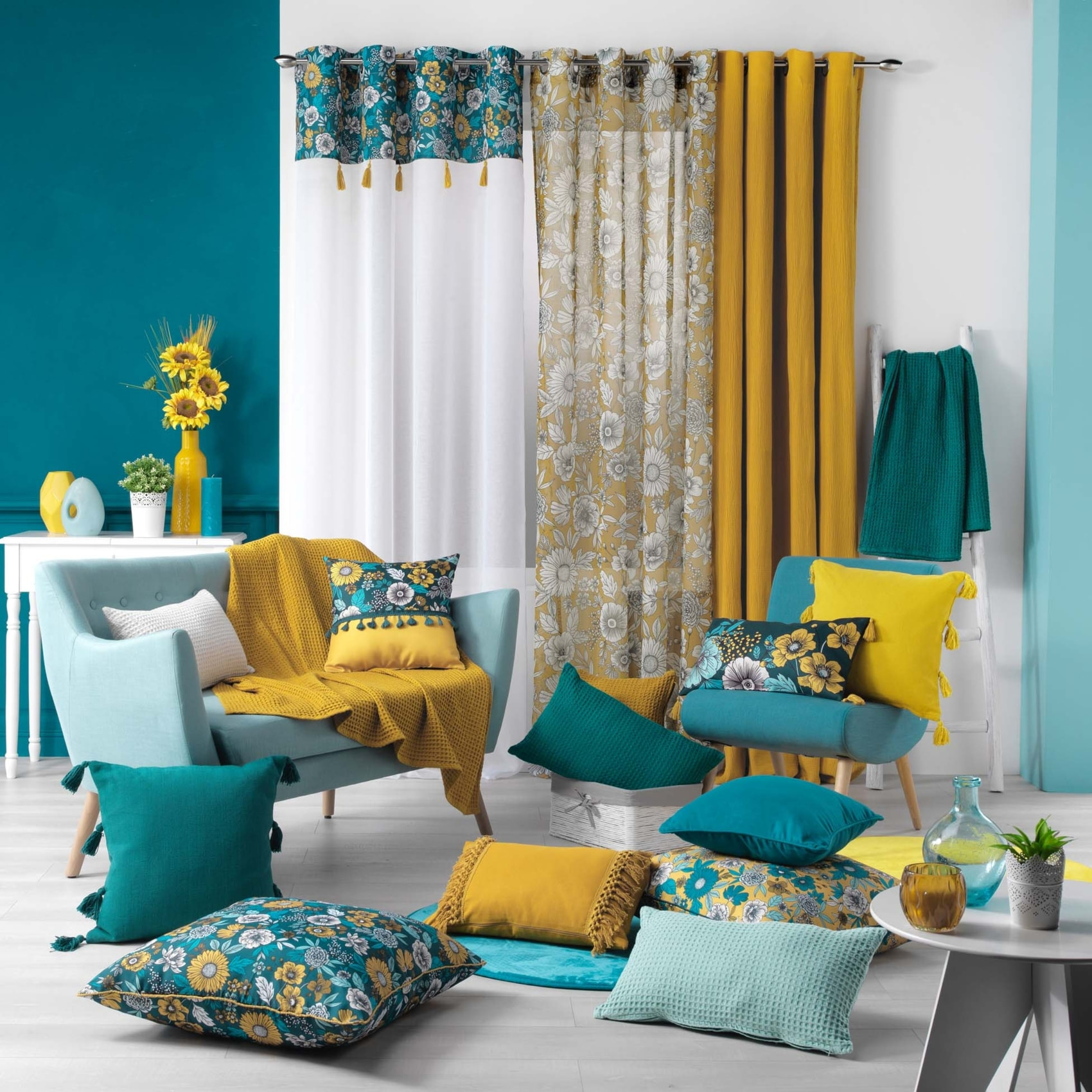 Voilage sablé imprimé floral - Bleu