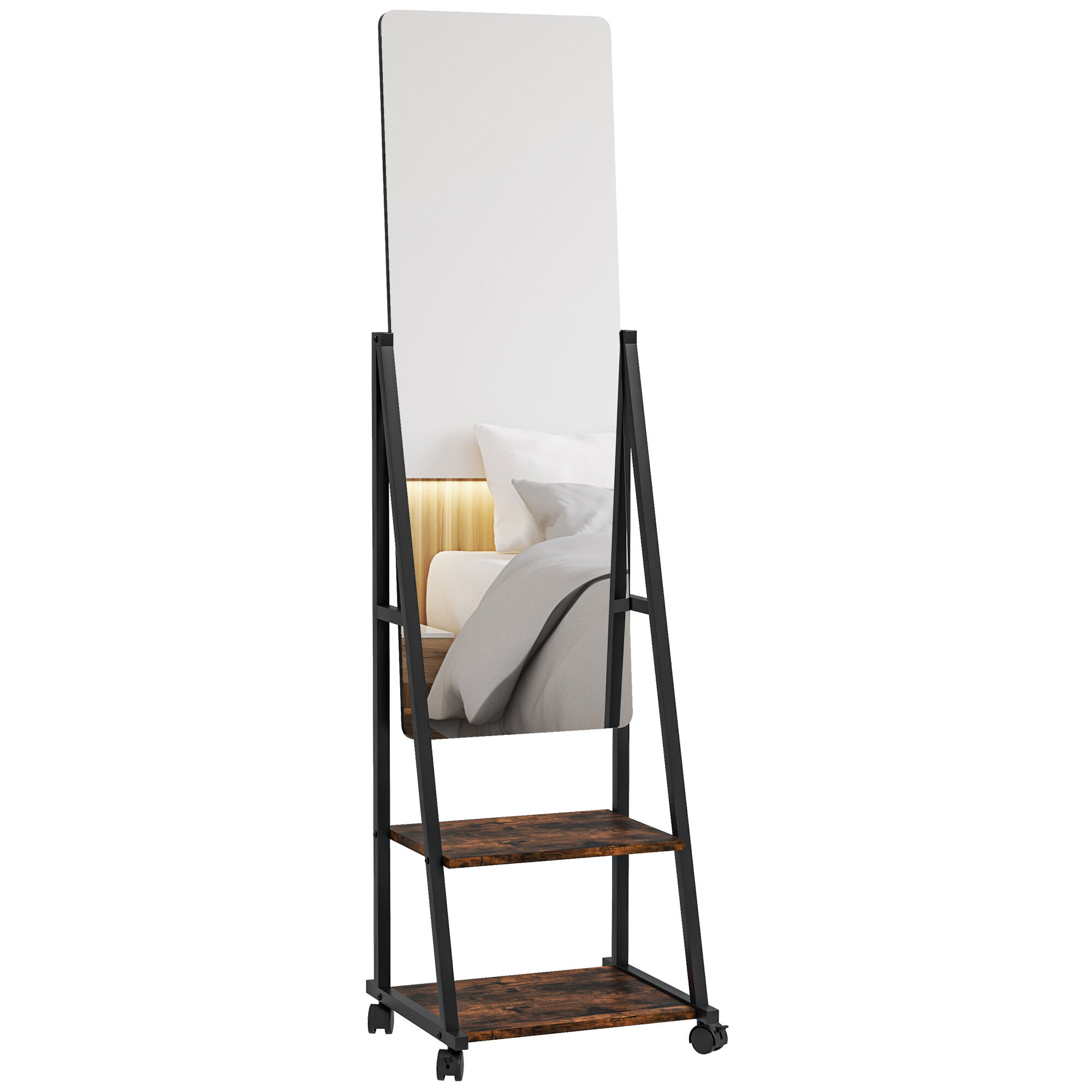 Miroir sur pied rectangulaire avec roulettes angle réglable 2 étagères dim. 42L x 37l x 155H cm verre bois rustique noir