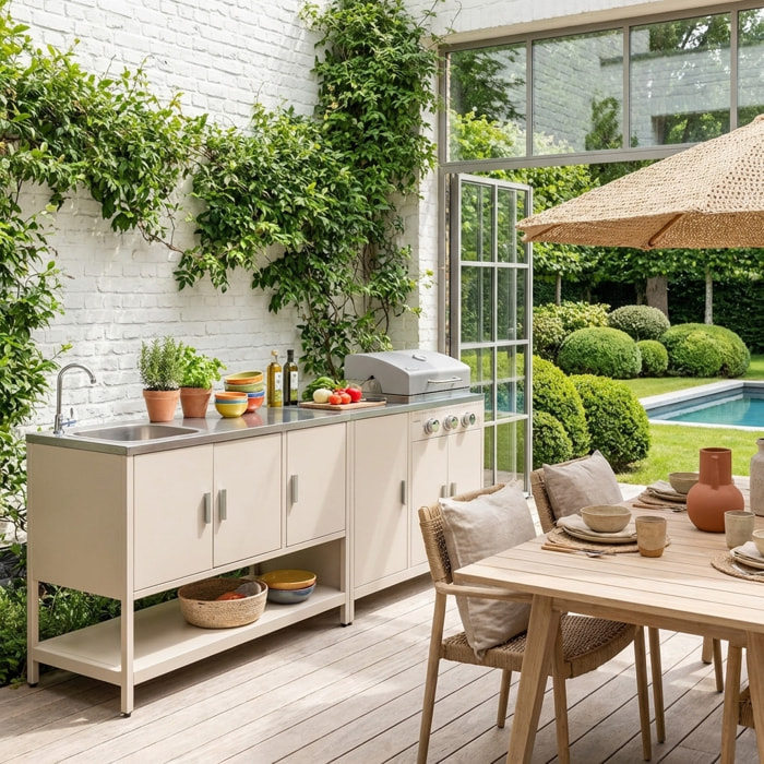 Cuisine d'extérieure 2 modules avec barbecue gaz 3 brûleurs sur pieds, thermomètre NAXOS BARBECUE GAZ + 1 MODULE