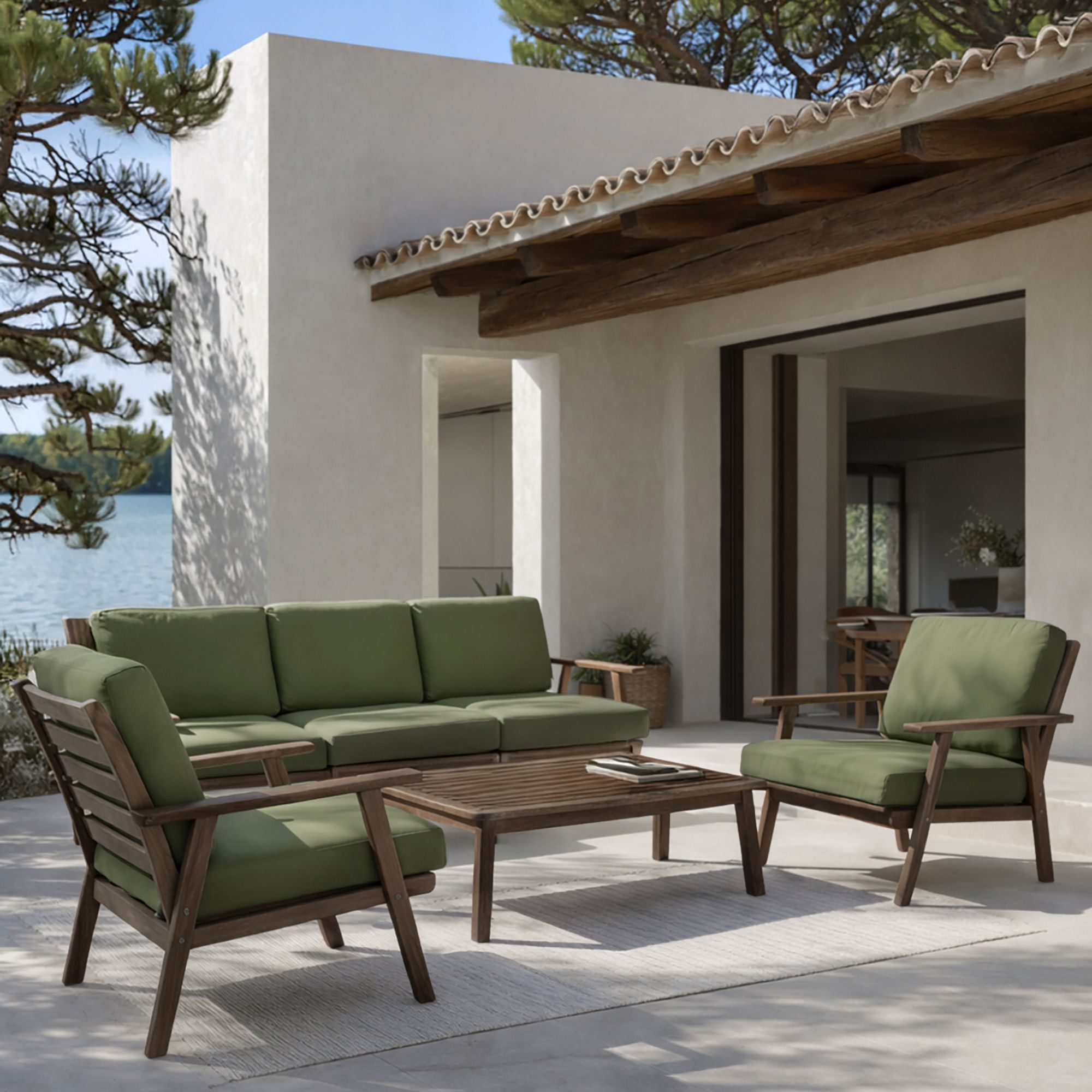 Salon de jardin en bois d'acacia et tissu kaki 5 places PALAU