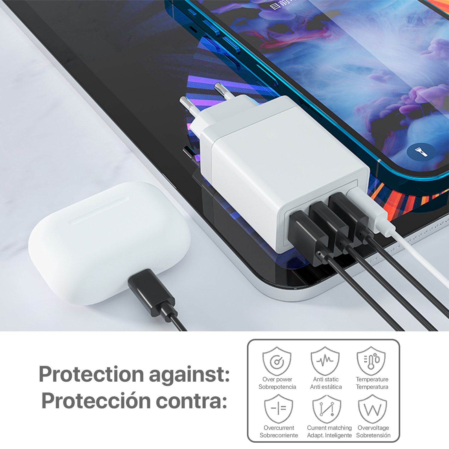 Cargador USB con doble puerto de 20 W + doble puerto de 2,4 A. Enchufe: US/EU