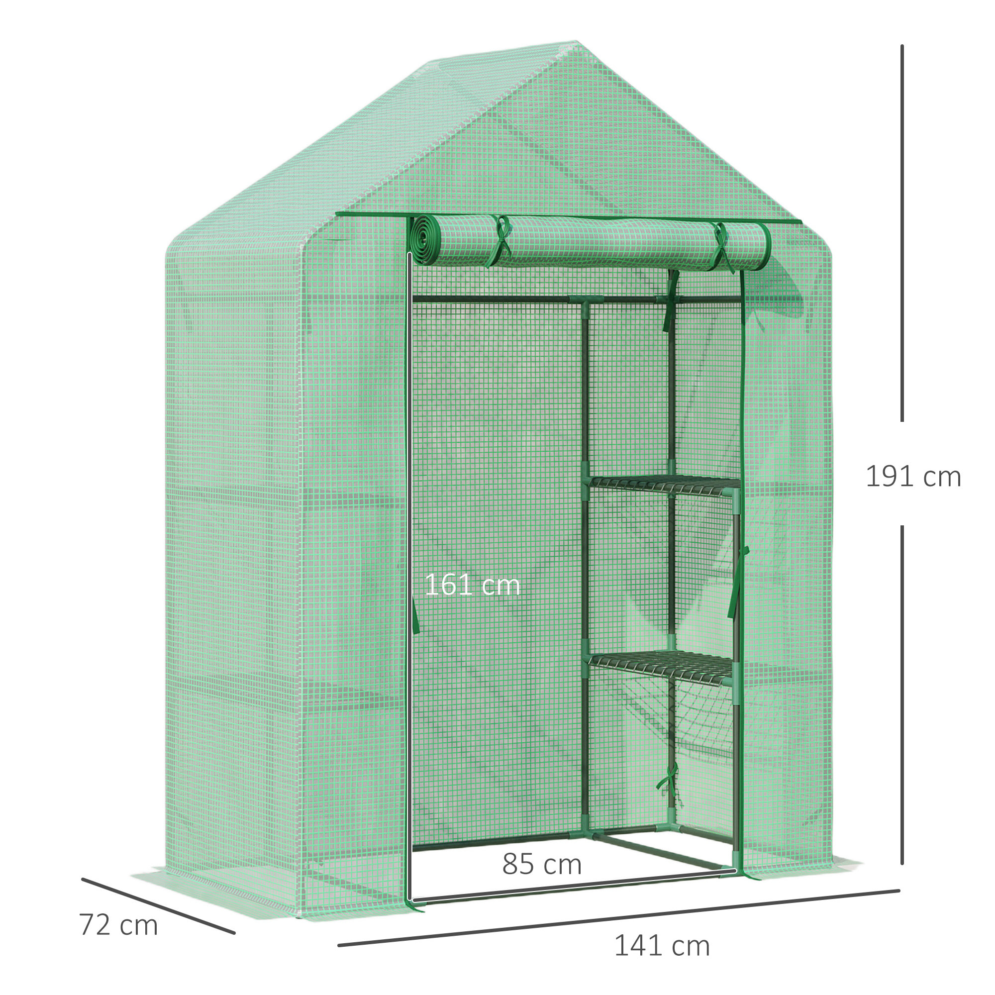 Invernadero de Jardín 141x72x191 cm Vivero Casero con 4 Estantes Puerta Enrollable Cubierta de PE 140g/m² y Marco de Acero para Cultivos Plantas Macetas Flores Verde