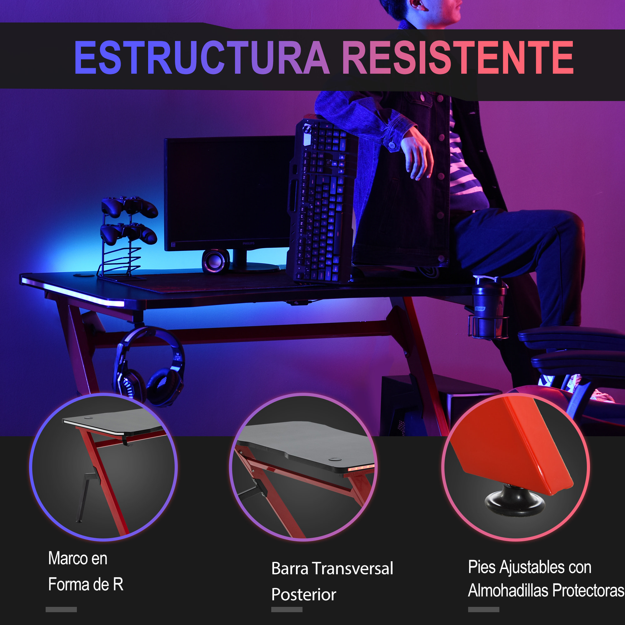 HOMCOM Mesa Gaming 120x66x76 cm con Luz LED RGB y Control Remoto Escritorio Gaming Desk con Portavasos Gancho para Auriculares Soporte para Mandos Gamepad Fibra de Carbono Negro y Rojo