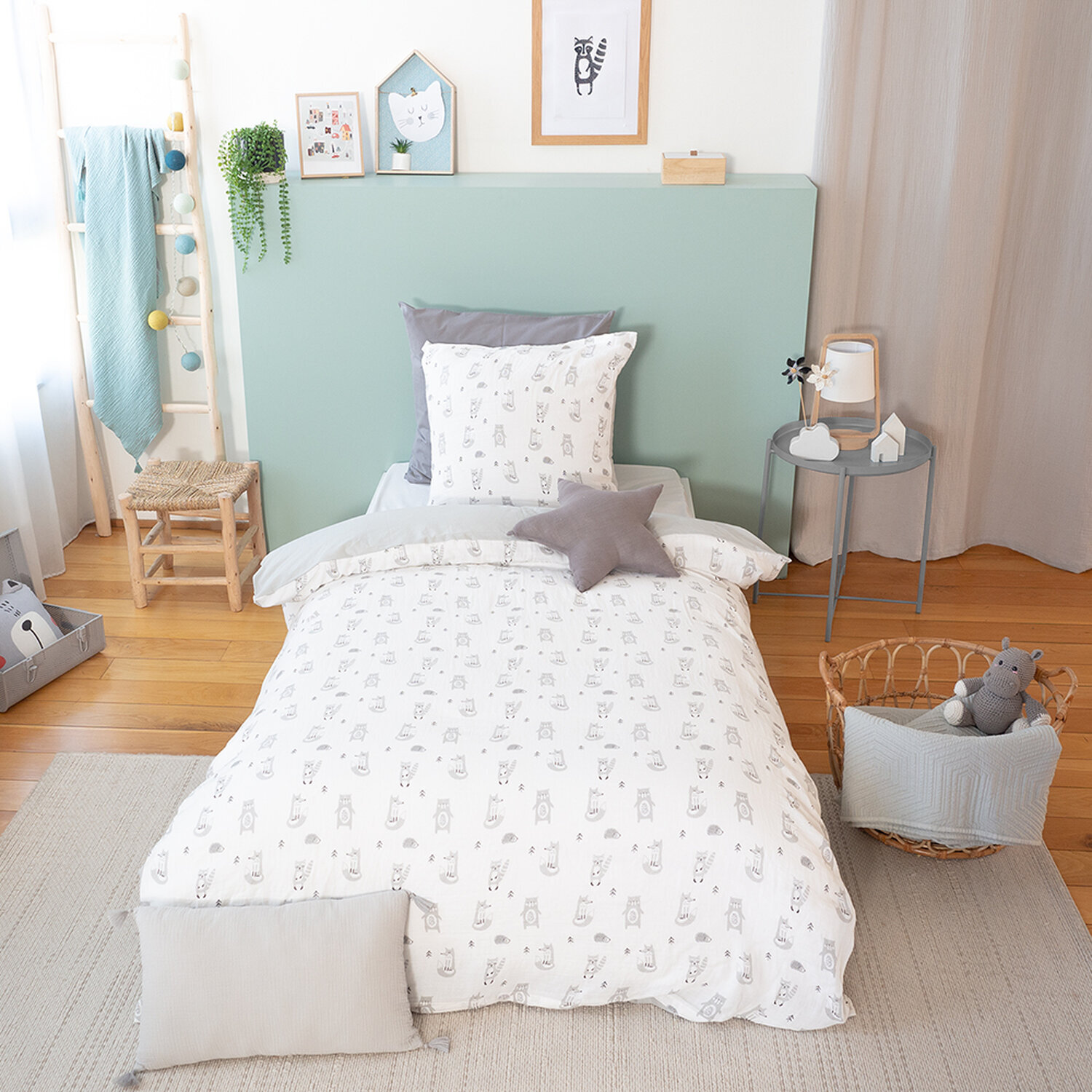 Parure de lit enfant imprimé 100% gaze de coton - forêt - gris