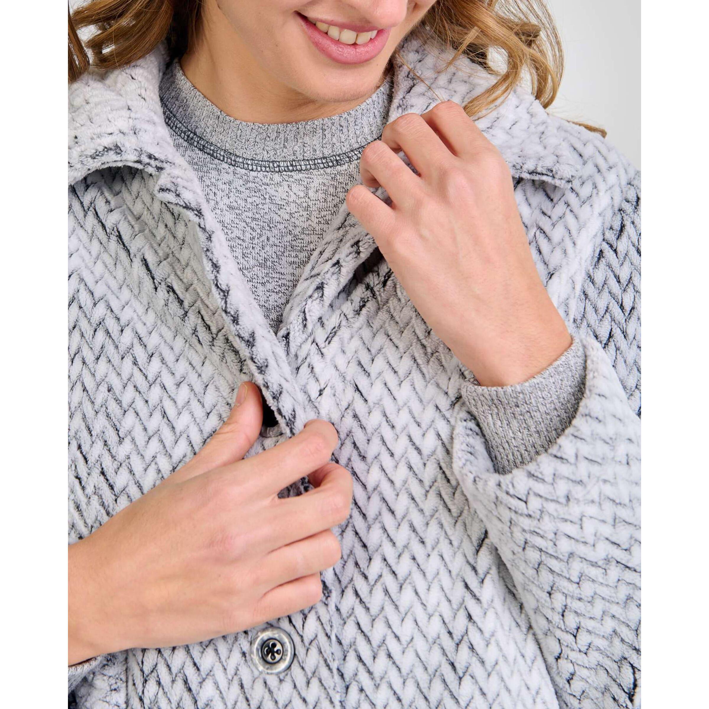 Bata mujer corta tejido Jacquard con dibujo espiga, abertura de botones, bolsillos laterales y manga larga