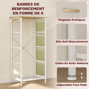 Commode chiffonnier 4 tiroirs en tissu beige 4 poches 2 crochets acier blanc effet bois