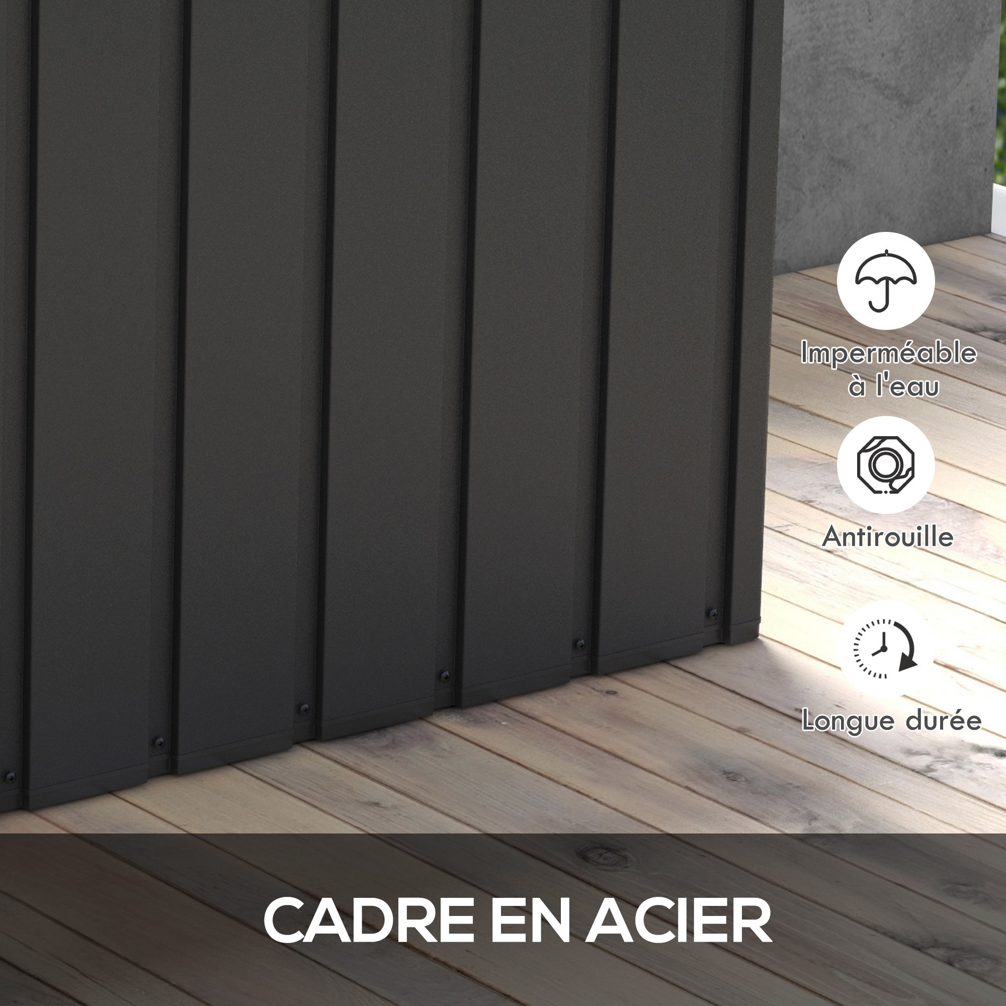 Coffre de rangement jardin capacité 450L - vérin à gaz, roulettes, poignée - acier PP anthracite