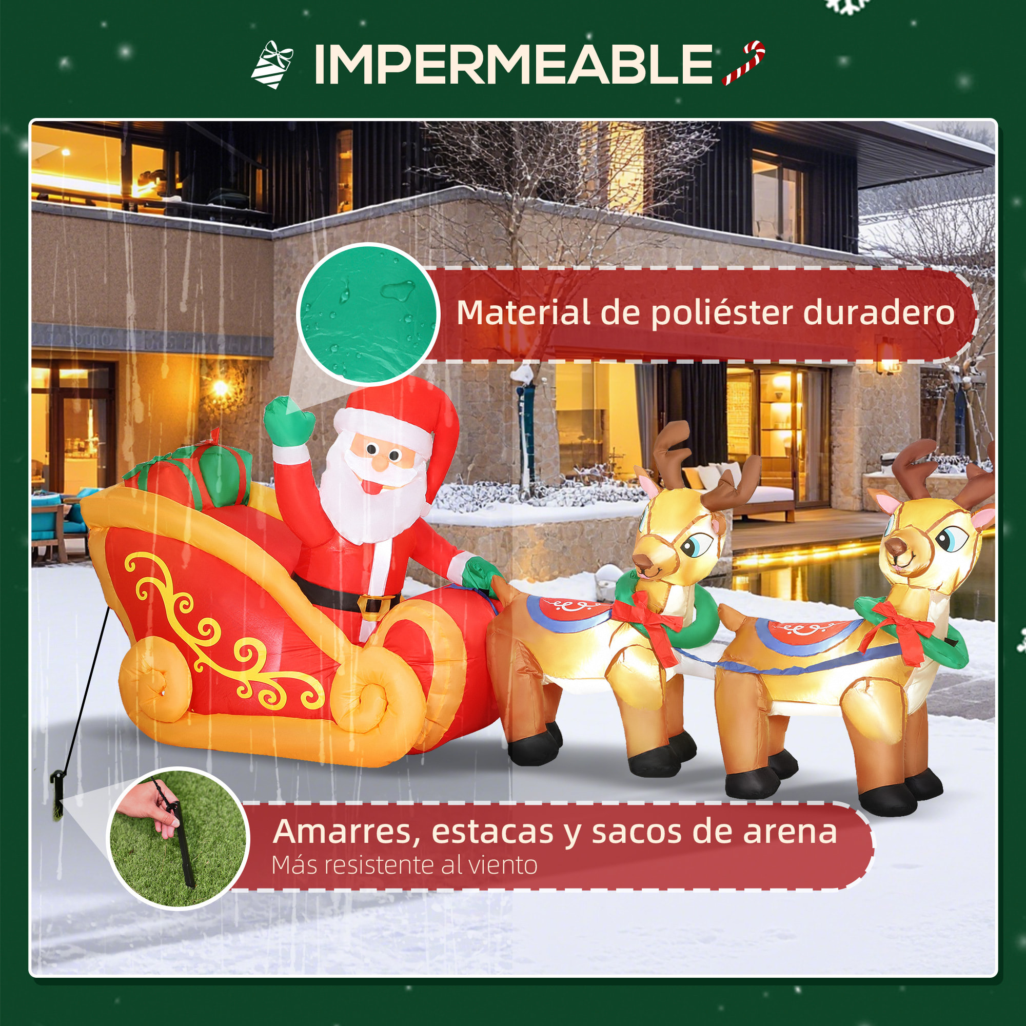 Papá Noel Hinchable con Trineo y Renos, Inflables de Navidad con Luces LED, Decoración de Navidad para Exterior e Interior, 240x75x100 cm