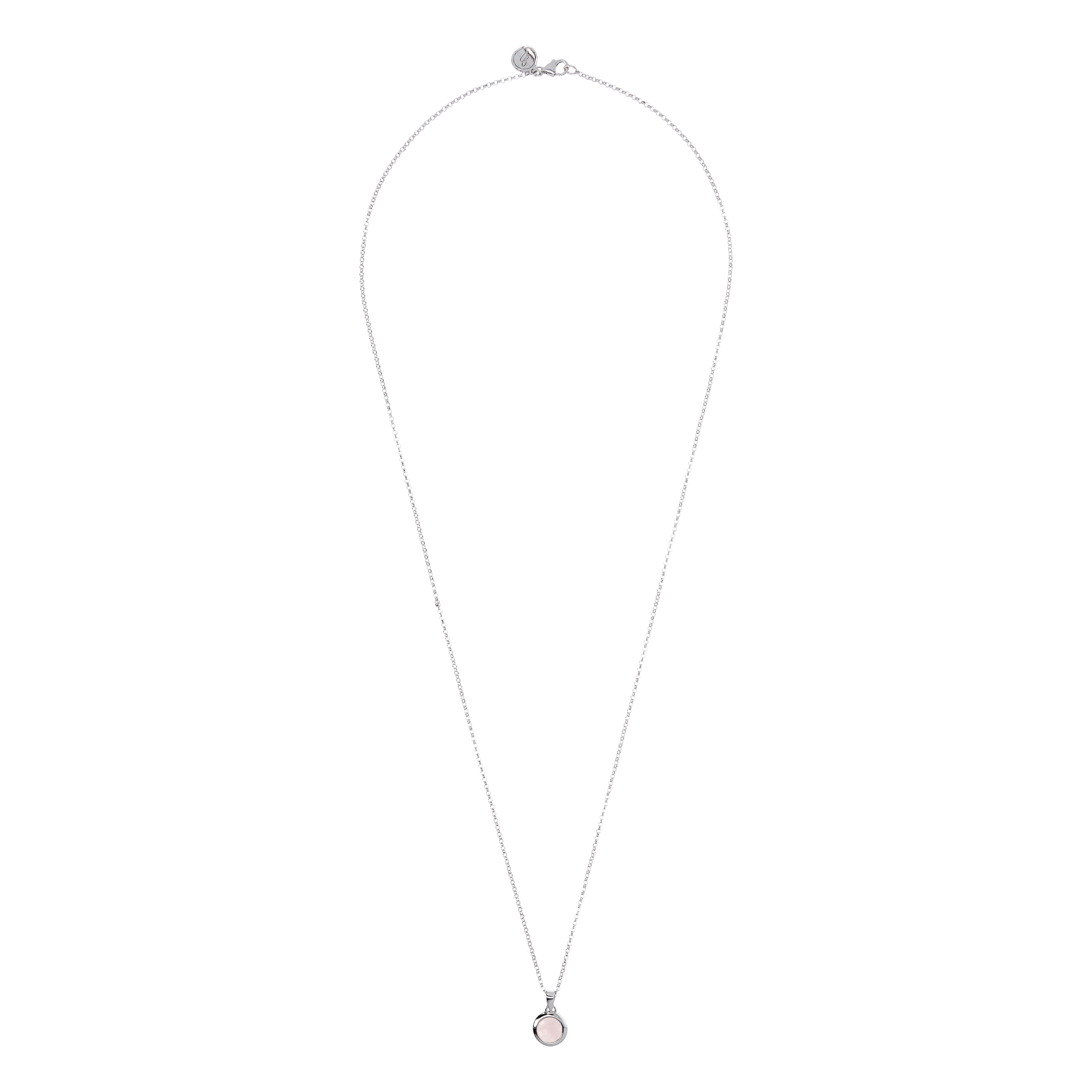 Collana Lunga Catena Rolo White con Pendente Tondo in Quarzo Rosa Sfaccettato