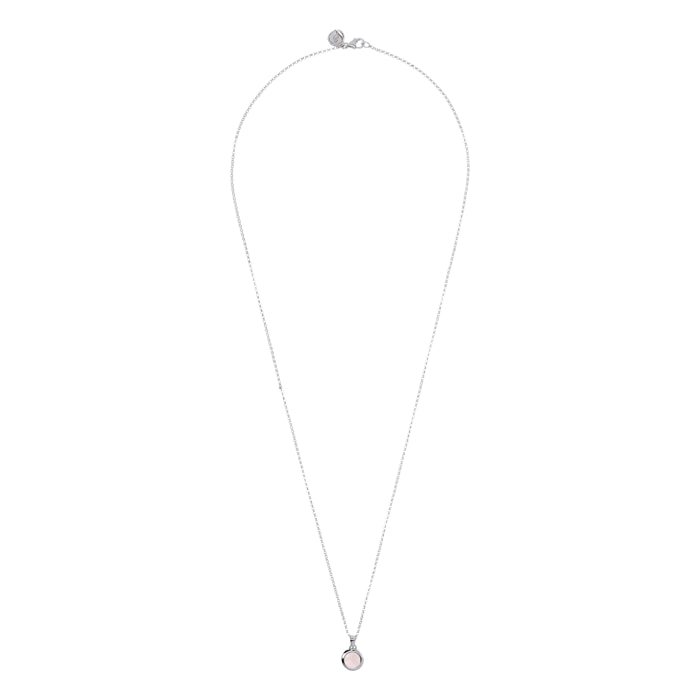 Collana Lunga Catena Rolo White con Pendente Tondo in Quarzo Rosa Sfaccettato