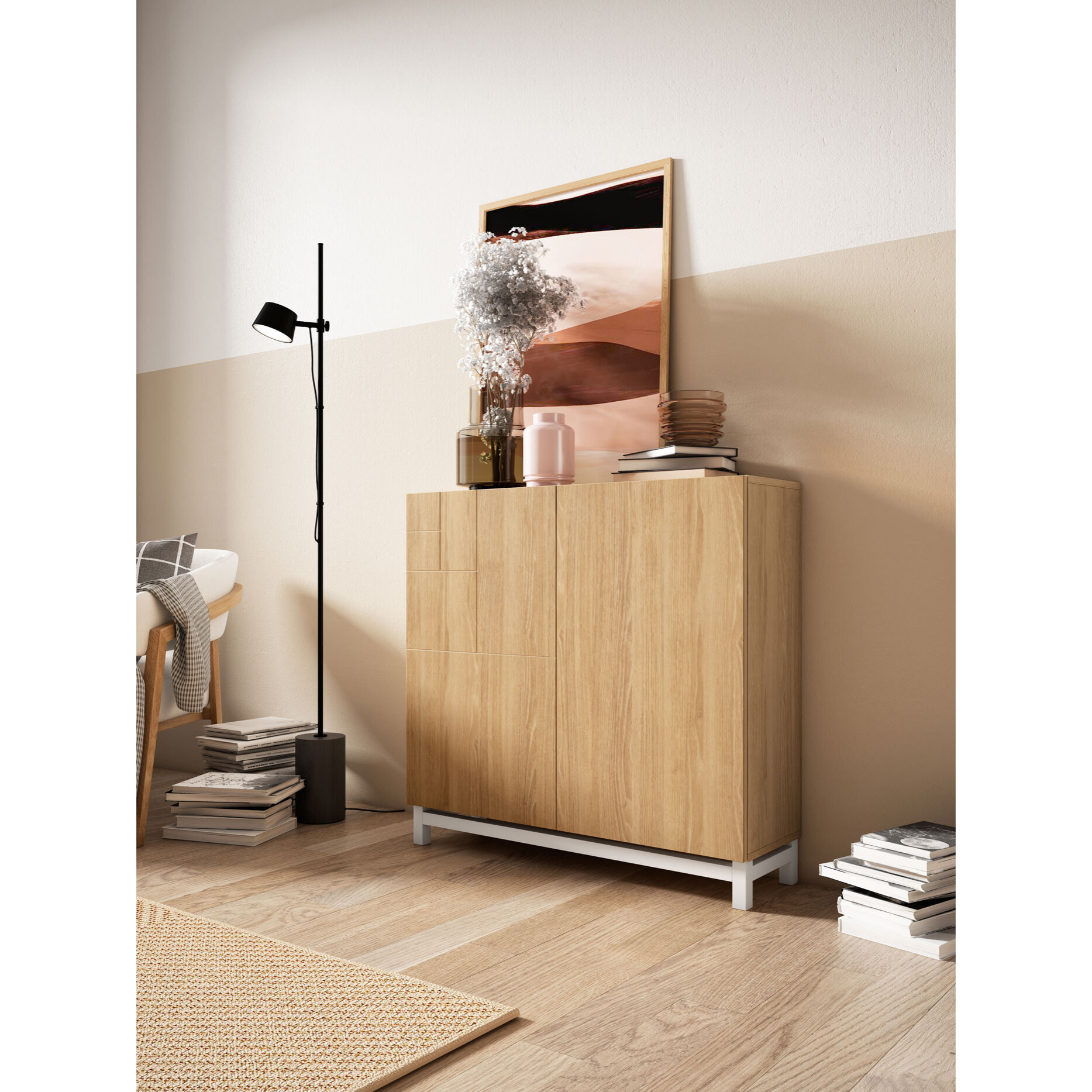Zapatero Copenhague melamina roble dorado patas blanco 90x90x27 cm